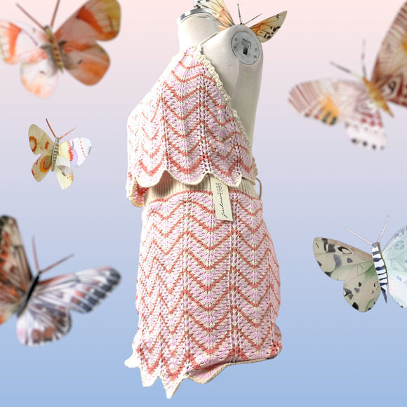 Women’s Crochet 2 Piece Set Skirt Cropped Top Backless Pink Orange Beige New WT - Picture 9 of 16